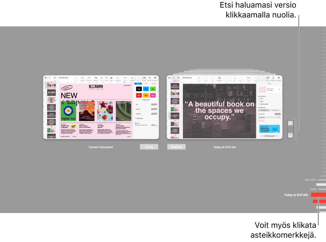 Palauta-näkymä, jossa näkyvät asteikkomerkit ja nuolet.
