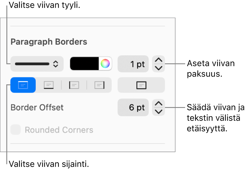Säätimiä viivan tyylin, paksuuden, sijainnin ja värin muuttamiseen.