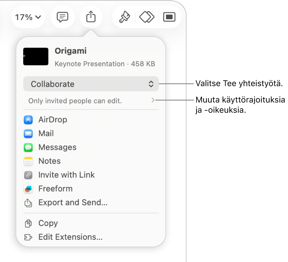 Jaa-valikko, jossa on ylhäällä valittuna Tee yhteistyötä, ja sen alla ovat käyttöoikeus- ja lupa-asetukset.