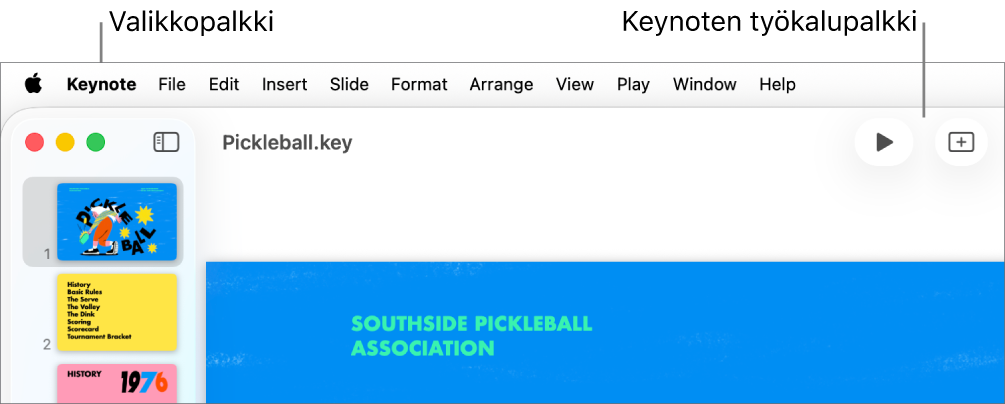 Näytön yläosassa on valikkorivi, jossa on Omena-, Keynote-, Arkisto-, Muokkaa-, Lisää-, Muoto-, Järjestä-, Näytä-, Jako-, Toista-, Ikkuna- ja Ohje-valikot. Valikkorivin alla on avoin Keynote-esitys, jonka yläosassa on seuraavat työkalupalkin painikkeet: Näytä, Zoomaa, Lisää dia, Toista, Taulukko, Kaavio, Teksti, Kuvio ja Media.