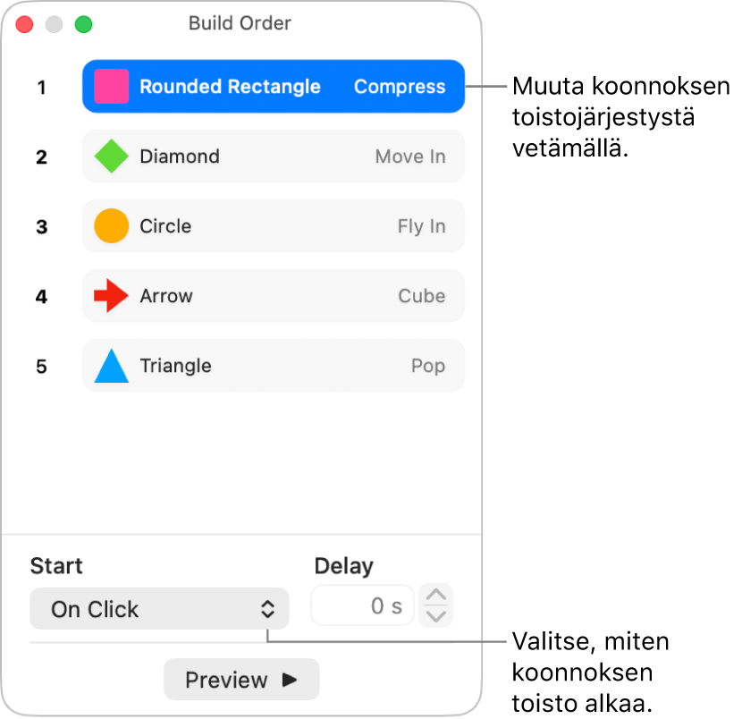 Koonnoksen järjestys -ikkuna.