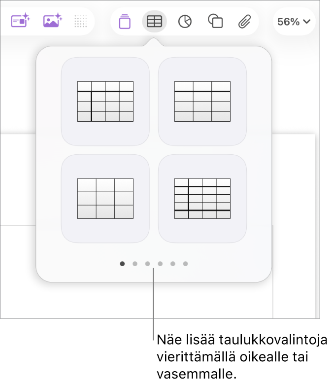Lisää taulukko -osio, jossa on selausnuolet vasemmalla ja oikealla.