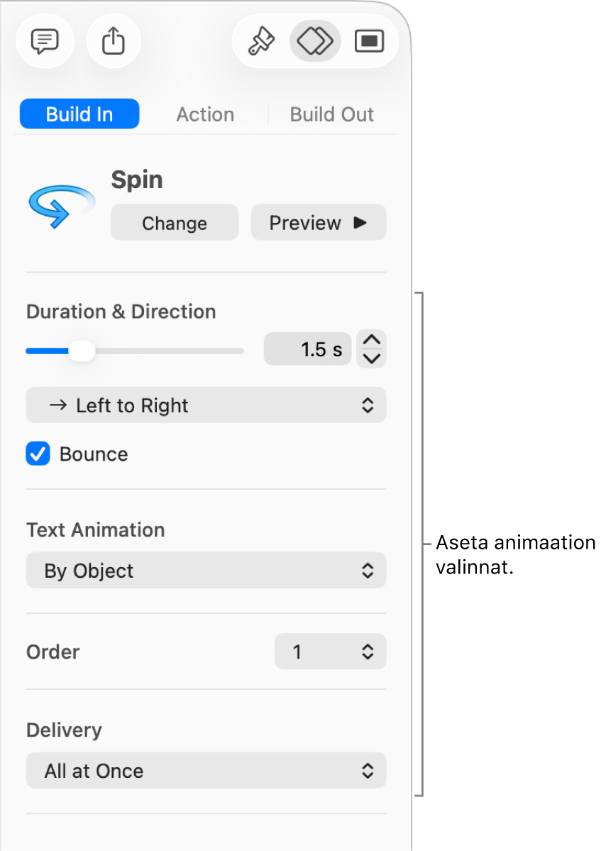 Aloitusvalinnat sivupalkin Animaatio-osiossa.