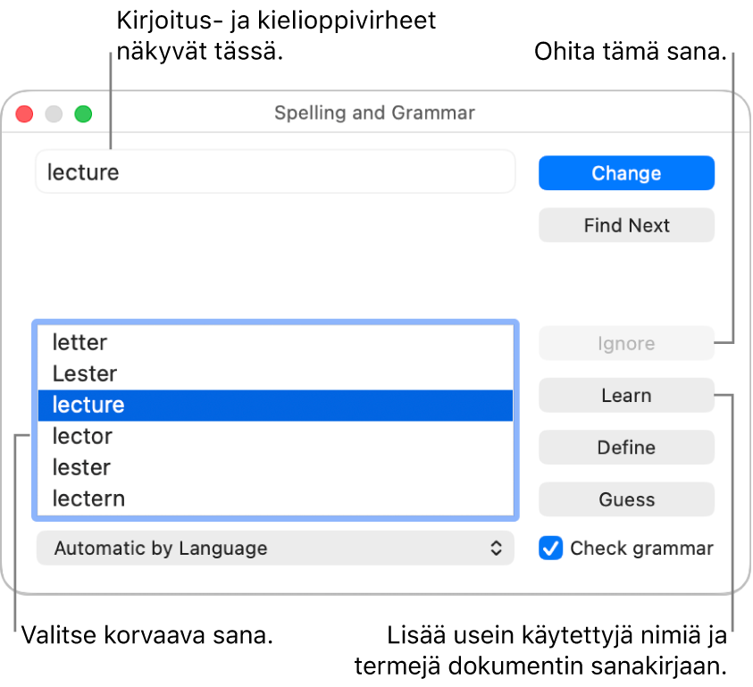 Oikeinkirjoitus ja kielioppi -ikkuna.