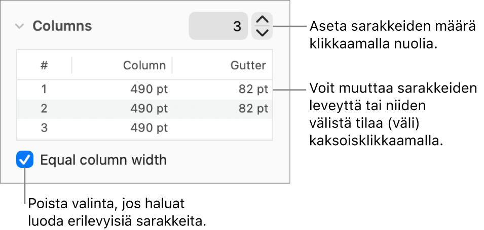 Sarakkeet-osion säätimet sarakkeiden määrän ja leveyden muuttamiseen.