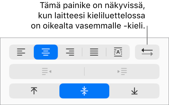 Muoto-sivupalkin Tasaus-osiossa oleva Kappaleen suunta -painike.