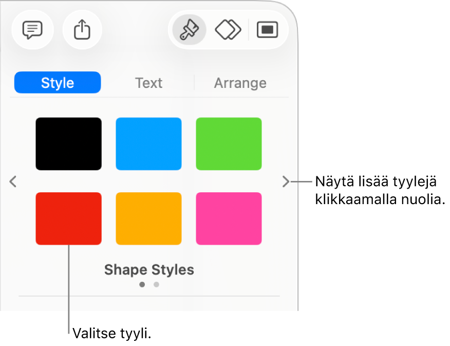 Muoto-sivupalkin Tyyli-välilehti, jossa on kuusi objektityyliä ja niiden vasemmalla ja oikealla puolella navigointinuolet.