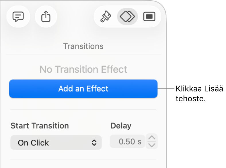 Lisää tehoste -painike sivupalkin Animaatio-osiossa.