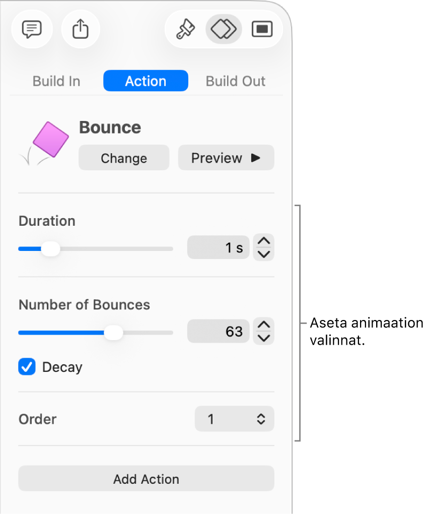 Toimintosäätimet sivupalkin Animaatio-osiossa.