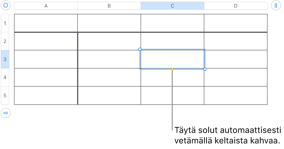 Valittu solu ja keltainen kahva, jota vetämällä voidaan täyttää soluja automaattisesti.