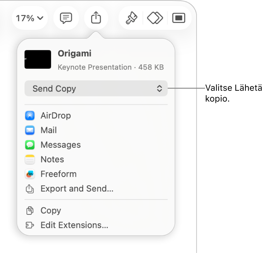 Jaa-valikko, jossa on ylhäällä valittuna Lähetä kopio.