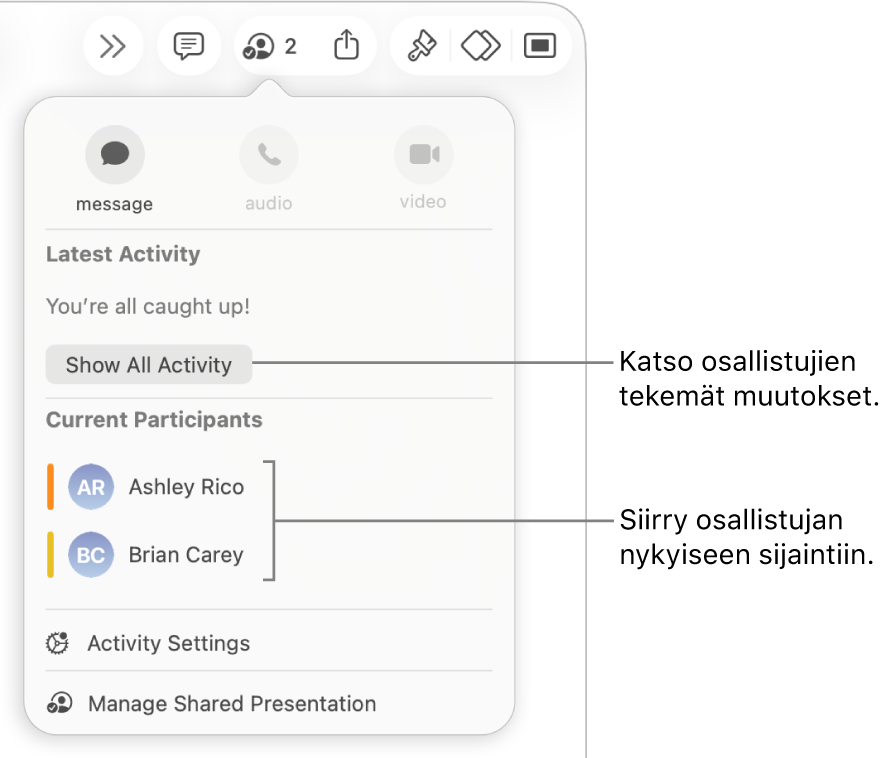Yhteistyövalikko, jonka luettelossa on kaksi nykyistä osallistujaa.