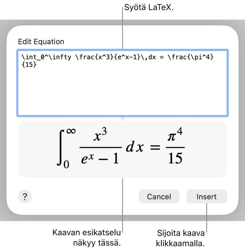 Yhtälö-kenttään LaTeX:ää käyttäen syötetty neliökaava ja alla kaavan esikatselu.