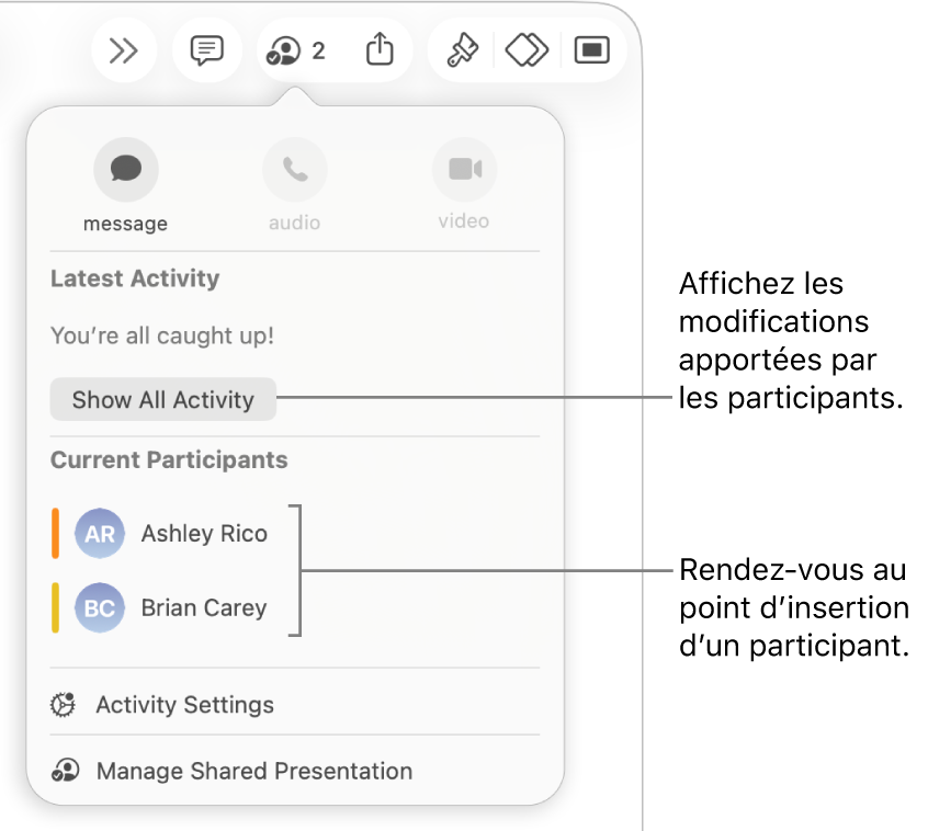 Le menu de collaboration avec deux participants actuels dans la liste.