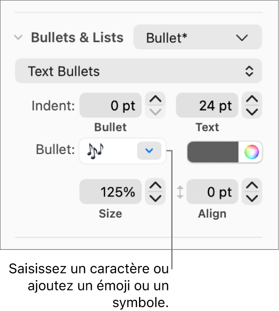 La section Puces et listes de la barre latérale Format. Le champ Puces affiche un émoji de fleur.