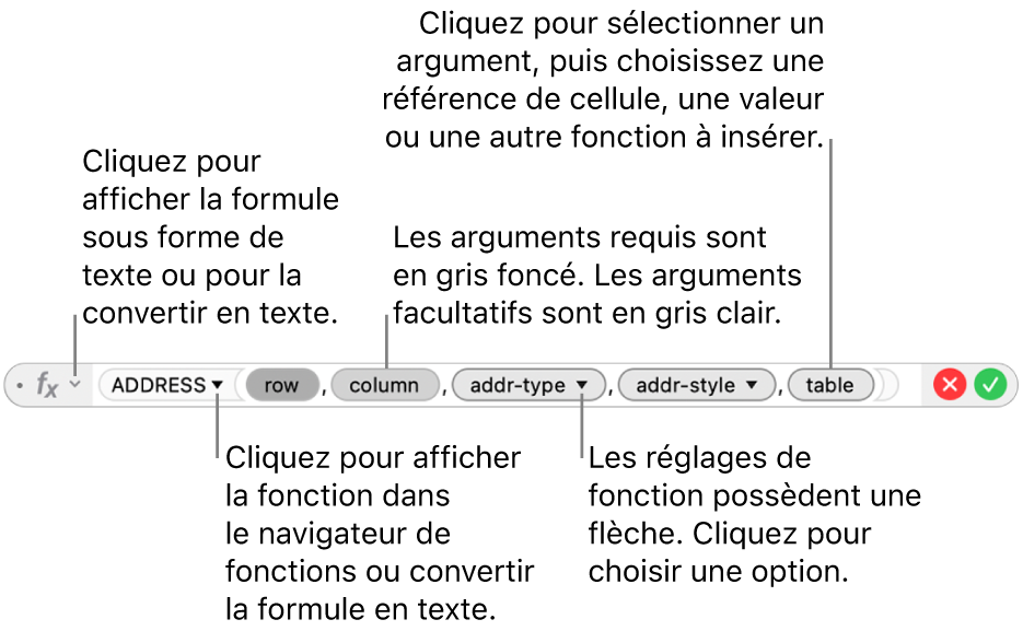 L’éditeur de formules affichant la fonction ADRESSE et les jetons de ses arguments.