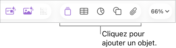 Barre d’outils Keynote avec boutons Tableau, Graphique, Texte, Forme et Multimédia.