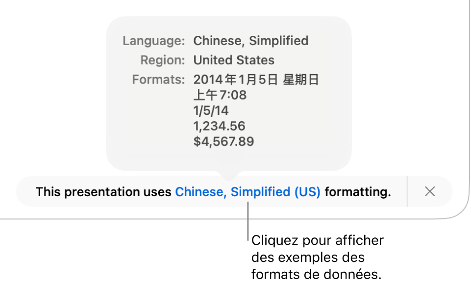 La notification du réglage de langue et de région différent affichant des exemples de la mise en forme correspondant à cette langue et à cette région.