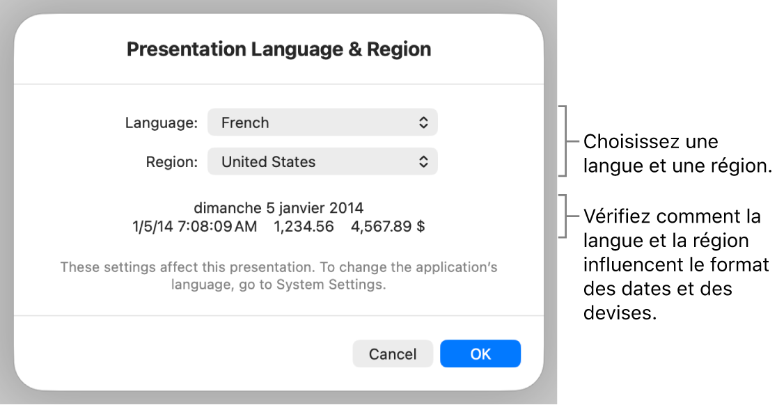 Sous-fenêtre Langue et région avec les commandes pour la langue et la région, et un exemple du format qui comprend la date, l’heure, les décimales et la devise.