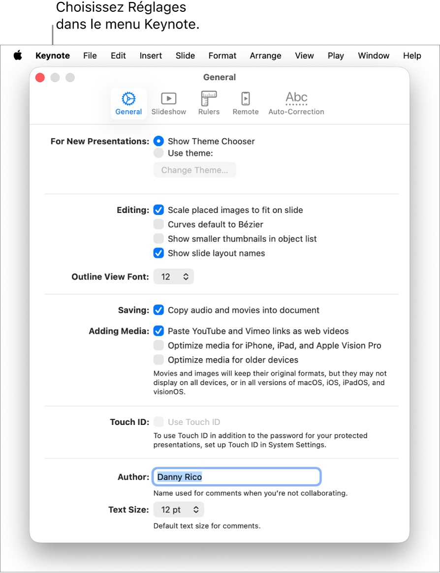 La fenêtre des réglages Keynote ouverte, présentant la sous-fenêtre Général.