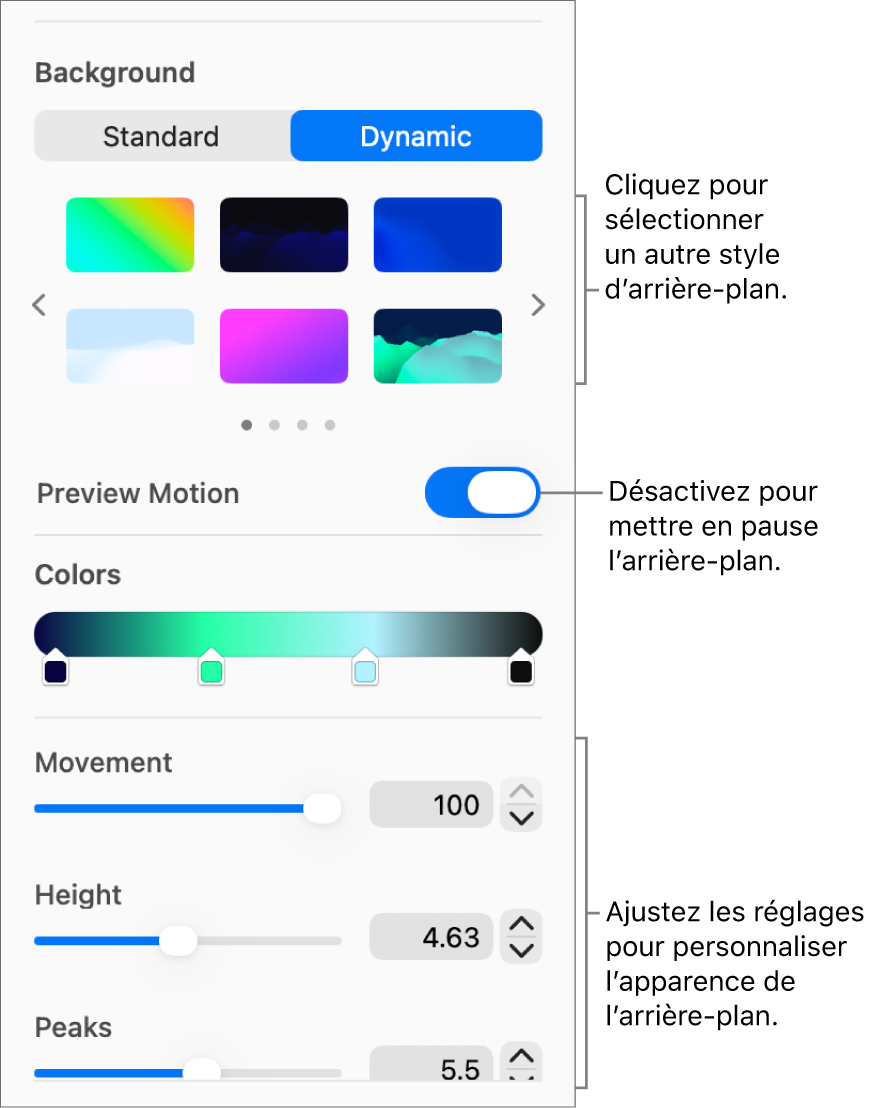 L’utilisateur a sélectionné le bouton Dynamique dans la section Arrière-plan de la barre latérale Format. On y voit les styles d’arrière-plans dynamiques, la commande Aperçu de l’animation et les commandes d’apparence.