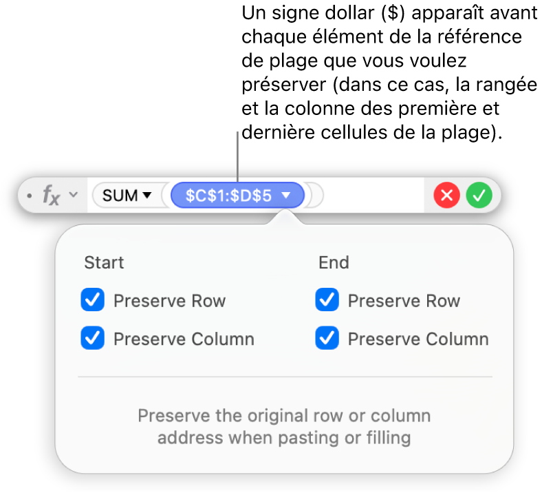 L’éditeur de formules avec les options Conserver la rangée ou Conserver la colonne sélectionnées pour une certaine plage.