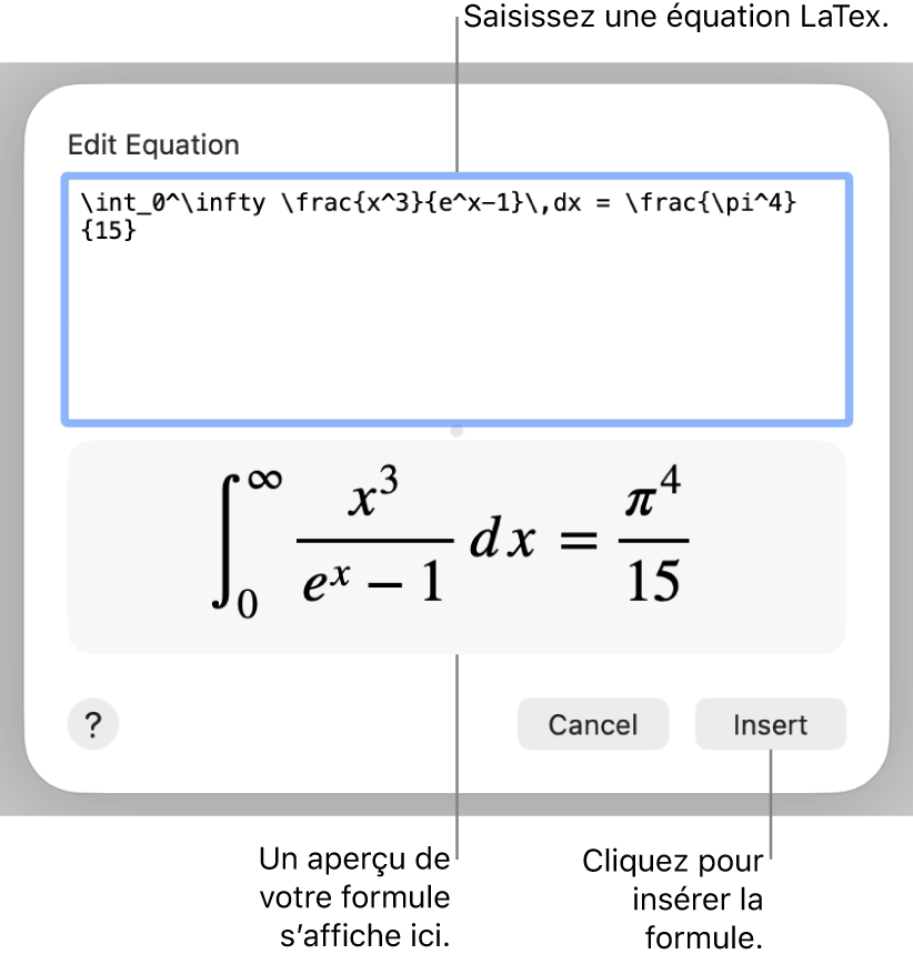 Formule quadratique composée à l’aide du langage LaTeX dans le champ Équation et aperçu de la formule en bas.