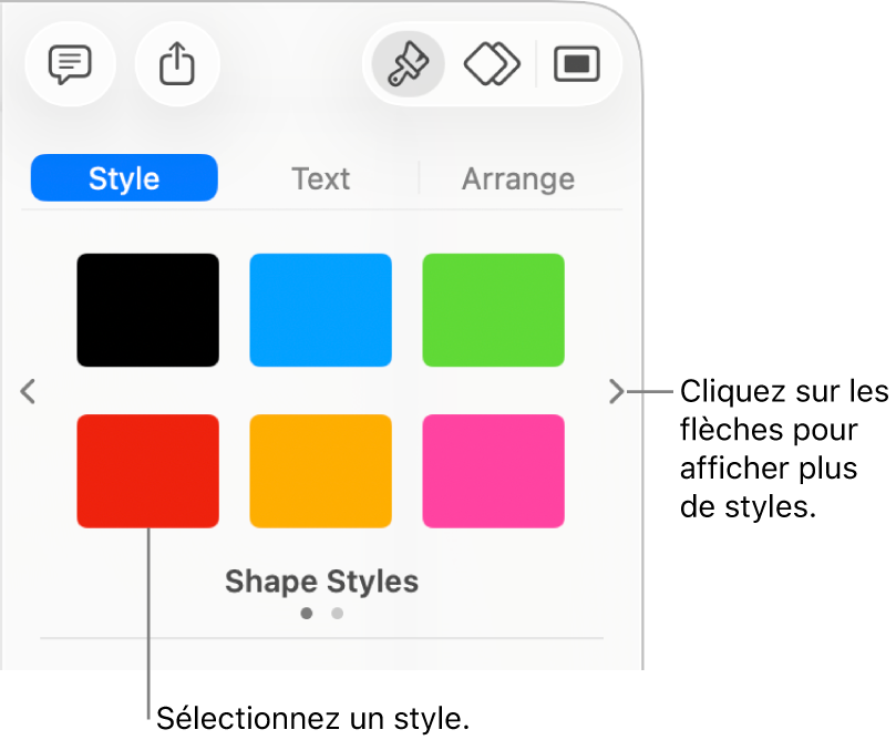 Onglet Style de la barre latérale Format affichant six styles d’objets avec flèches de navigation à gauche et à droite.