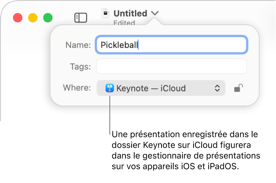 La zone de dialogue d’enregistrement d’une présentation avec Keynote (iCloud dans le menu contextuel Emplacement).