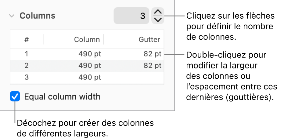 Commandes de la section Colonnes permettant de modifier le nombre de colonnes et leurs largeurs.