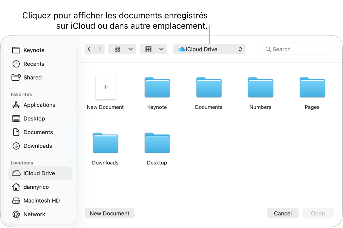 La boîte de dialogue Ouvrir avec la barre latérale s’ouvre à gauche et le lecteur iCloud Drive sélectionné apparaît dans le menu contextuel en haut de l’écran. Les dossiers de Keynote, Numbers et Pages apparaissent dans la boîte de dialogue ainsi qu’un bouton Nouveau document.