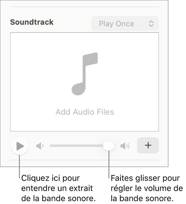 Les commandes Bande sonore avec le bouton Lecture et le curseur de volume en évidence.
