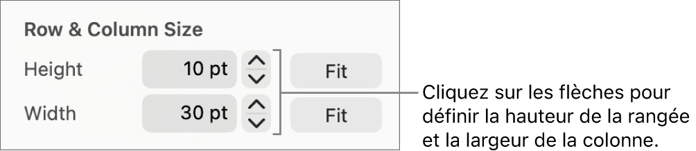 Commandes permettant de définir une taille précise de rangée ou de colonne.