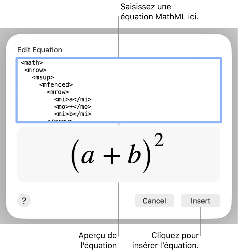 Équation de la pente d’une droite dans le champ Modifier l’équation et aperçu de la formule en dessous.