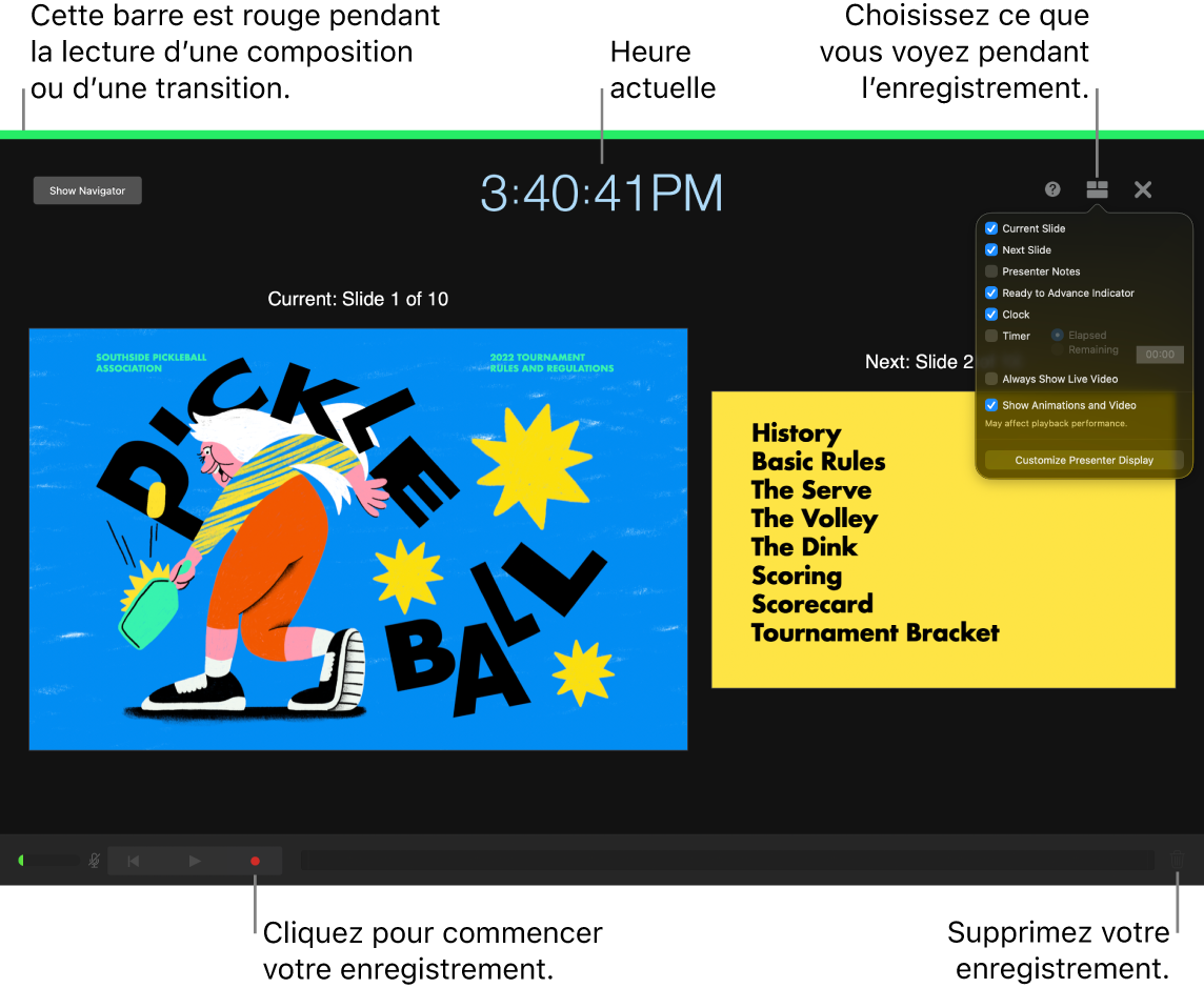 Capture d’écran du mode d’enregistrement de voix sur l’écran du présentateur. Les commandes de la diapositive actuelle et de la suivante, de l’heure actuelle et de l’écran du présentateur sont affichées. La commande de démarrage et d’arrêt de l’enregistrement, ainsi que la commande de suppression de l’enregistrement s’affichent en bas de l’écran.