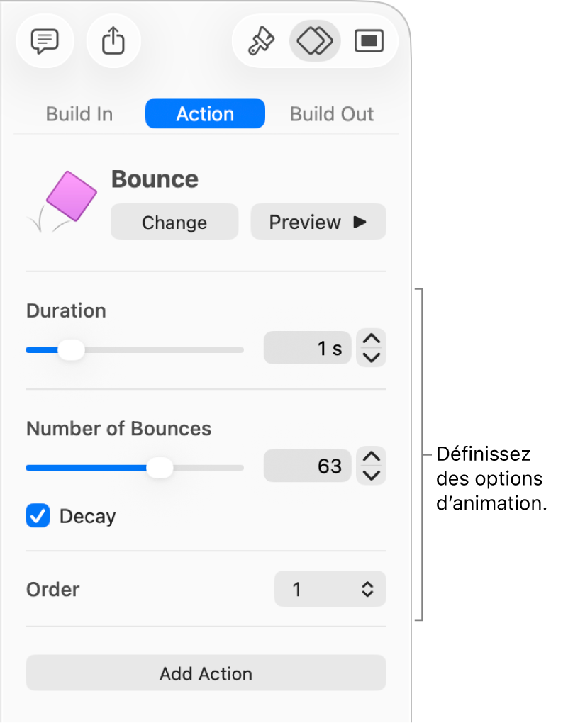 Commandes d’action de la section Animer de la barre latérale.