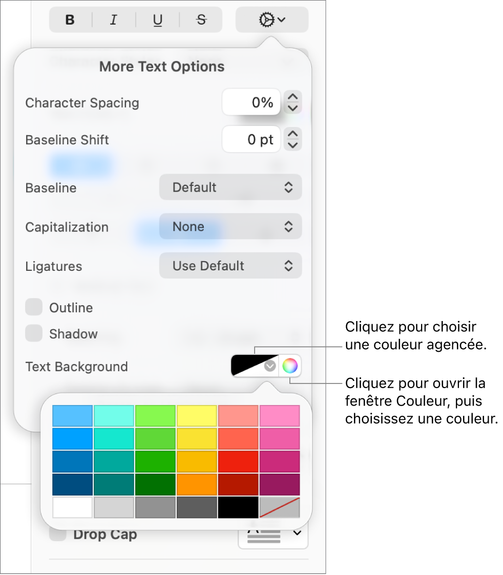 Commandes de sélection d’une couleur d’arrière-plan du texte.