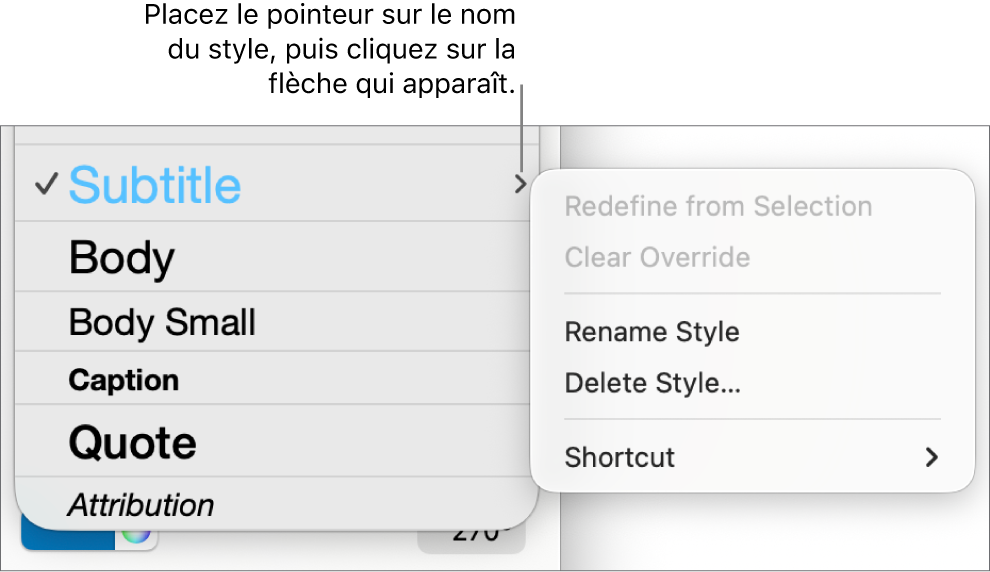 Le menu Styles de paragraphe avec le menu contextuel ouvert.