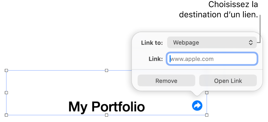Les commandes de l’éditeur de lien avec l’option Page Web sélectionnée au-dessus des boutons Supprimer et Ouvrir le lien.