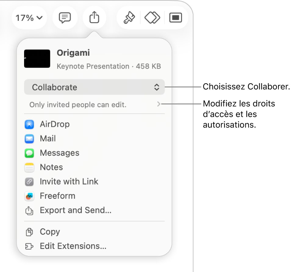 Le menu Partager avec l’option Collaborer sélectionnée dans le haut, au-dessus des réglages d’accès et d’autorisation.