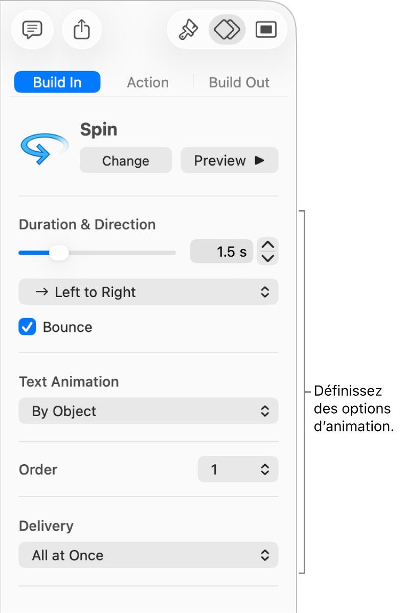 Options d’entrée de la section Animer de la barre latérale.