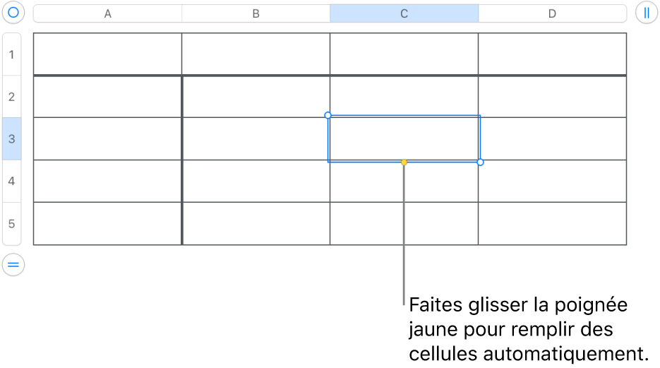Une cellule sélectionnée avec une poignée jaune à faire glisser pour remplir automatiquement des cellules.