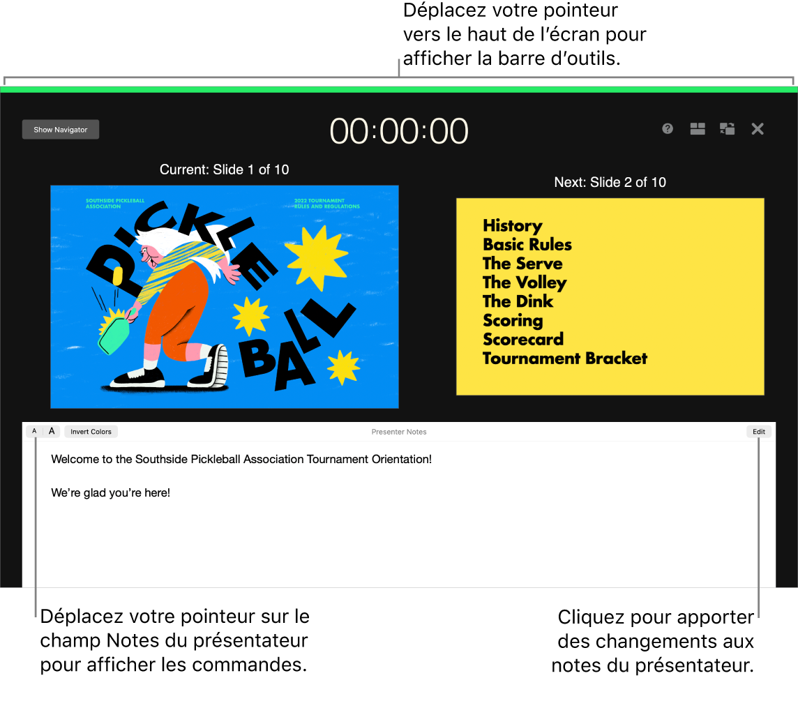 L’affichage du présentateur Keynote comportant des boutons pour ouvrir et fermer le navigateur de diapositives et afficher les options en haut de l’écran. La diapositive active et la diapositive suivante au milieu de l’écran, avec le champ Notes du présentateur affiché en bas.
