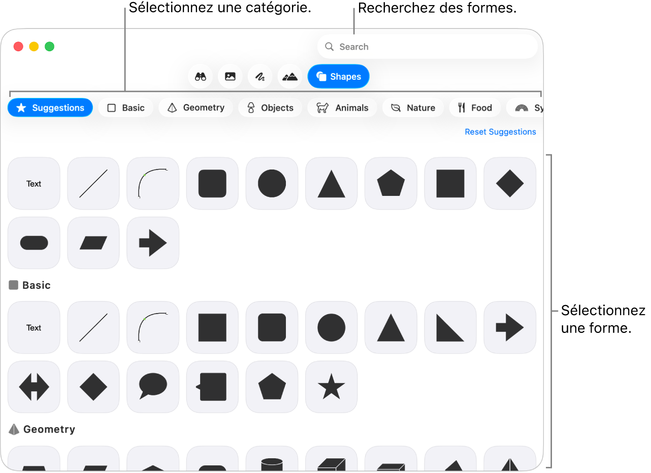 La bibliothèque de formes, avec les catégories répertoriées sur le côté gauche et les formes affichées sur le côté droit. Vous pouvez utiliser le champ de recherche situé en haut pour rechercher des formes. Vous pouvez également parcourir l’écran pour en trouver d’autres.