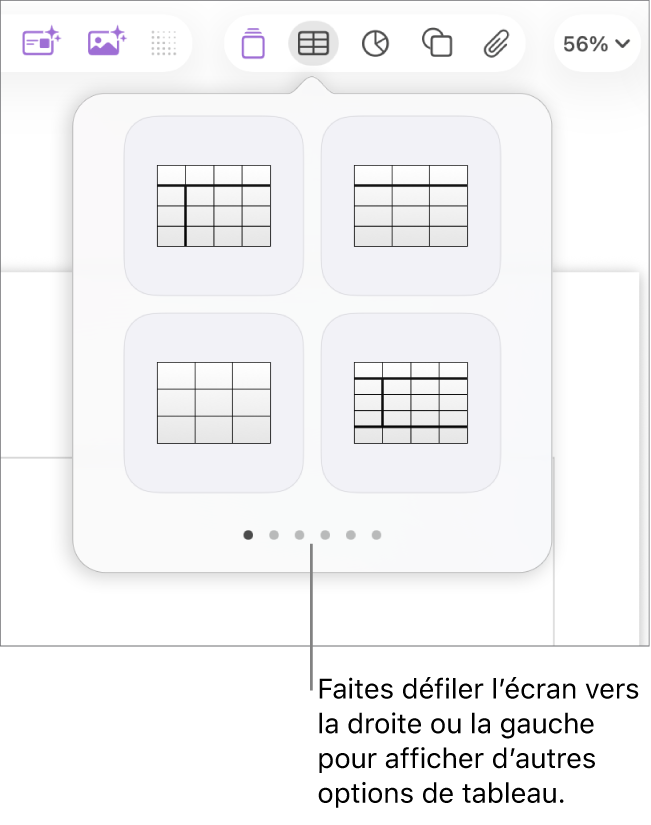 La sous-fenêtre Ajouter un tableau affichant les flèches de navigation à gauche et à droite.