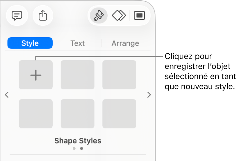 Onglet Style de la barre latérale Format avec bouton Créer un style à droite et quatre paramètres fictifs de style vides.