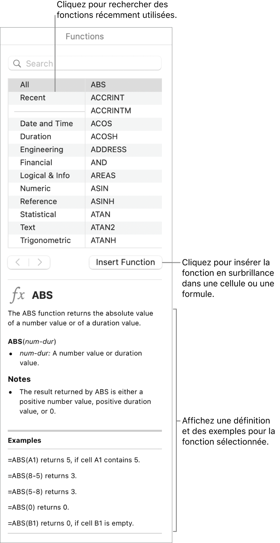 Navigateur de fonctions avec des légendes pour les fonctions récemment utilisées, le bouton Insérer la fonction et la définition de la fonction.