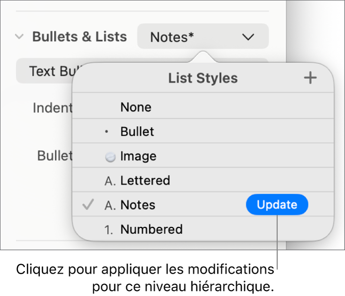Menu contextuel Styles de liste avec un bouton Mettre à jour situé à côté du nom du nouveau style.