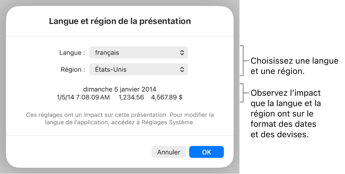 La sous-fenêtre « Langue et région » présentant des commandes de langue et de région, ainsi qu’un exemple de mise en forme comprenant date, heure, affichage des décimales et devise.
