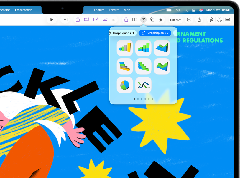 La barre d’outils avec des boutons pour ajouter des tableaux, graphiques, zones de texte, figures et contenus multimédias. Graphique est sélectionné et affiche des boutons pour les graphiques 2D, 3D et Interactif. 3D est sélectionné et différents graphiques apparaissent en dessous.